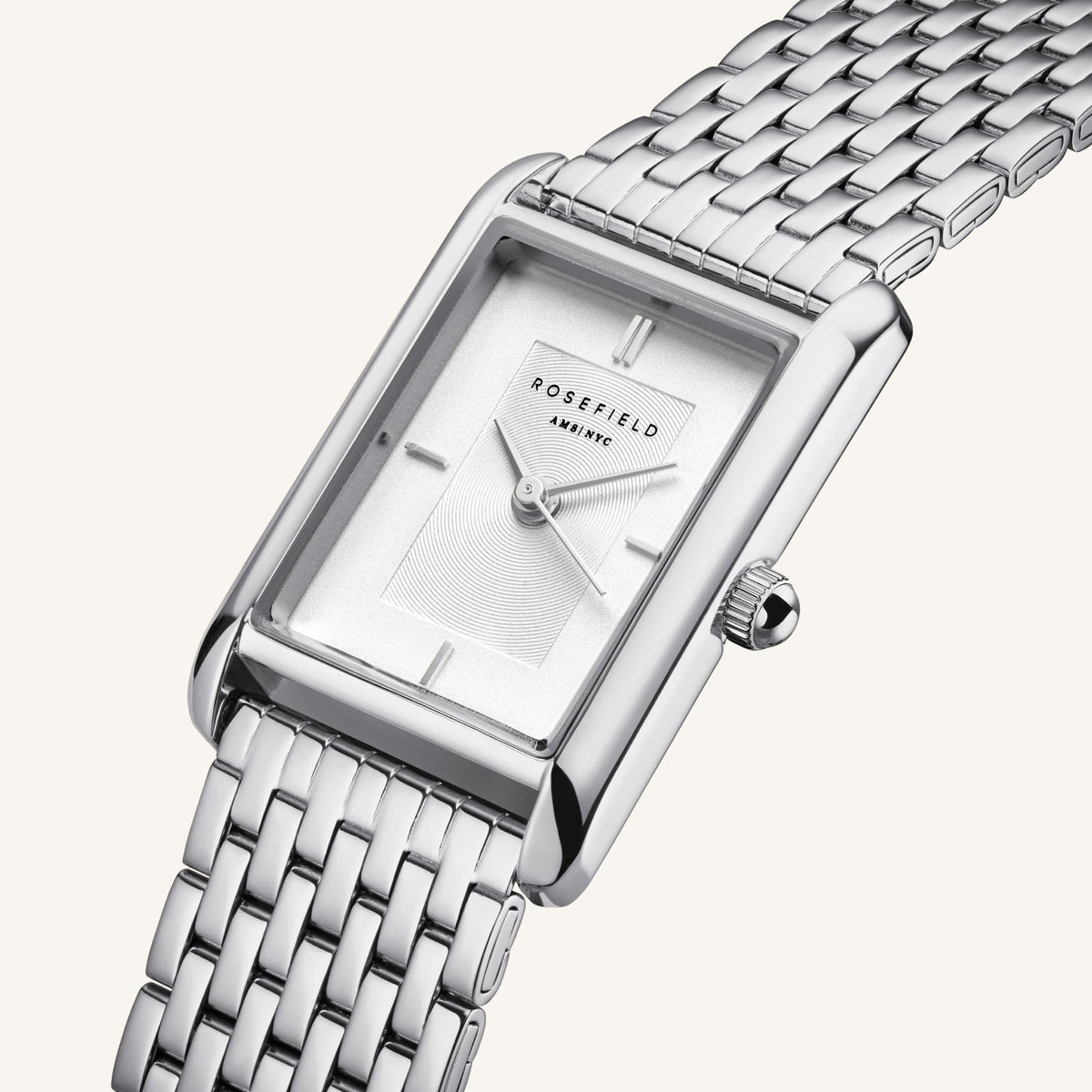 Close-up of the rectangular case and dial