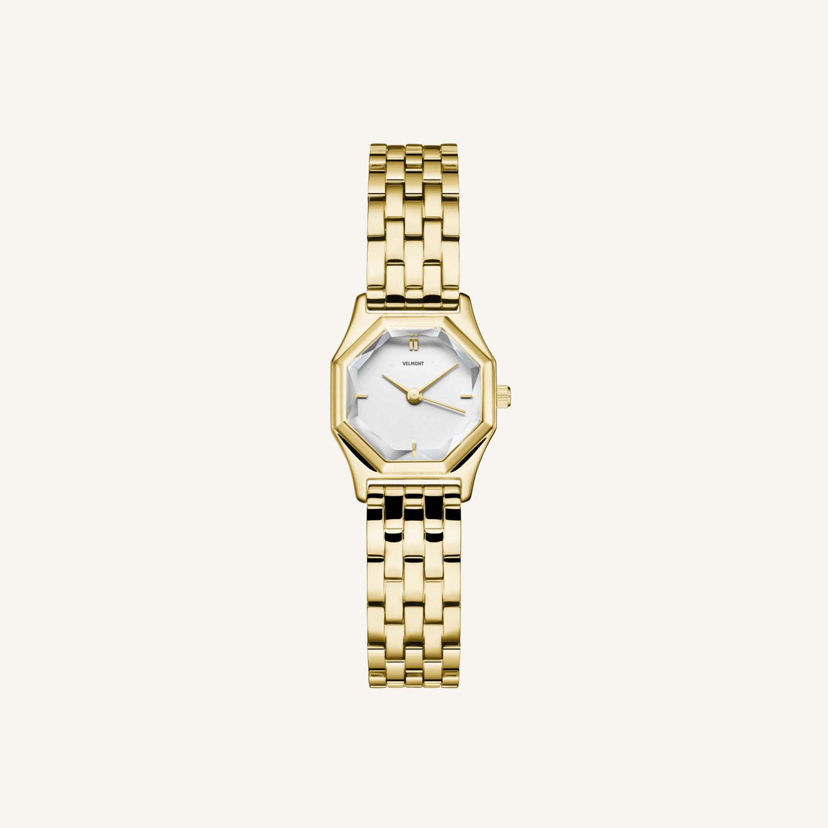 Gold-tone octagon watch with faceted crystal, front view