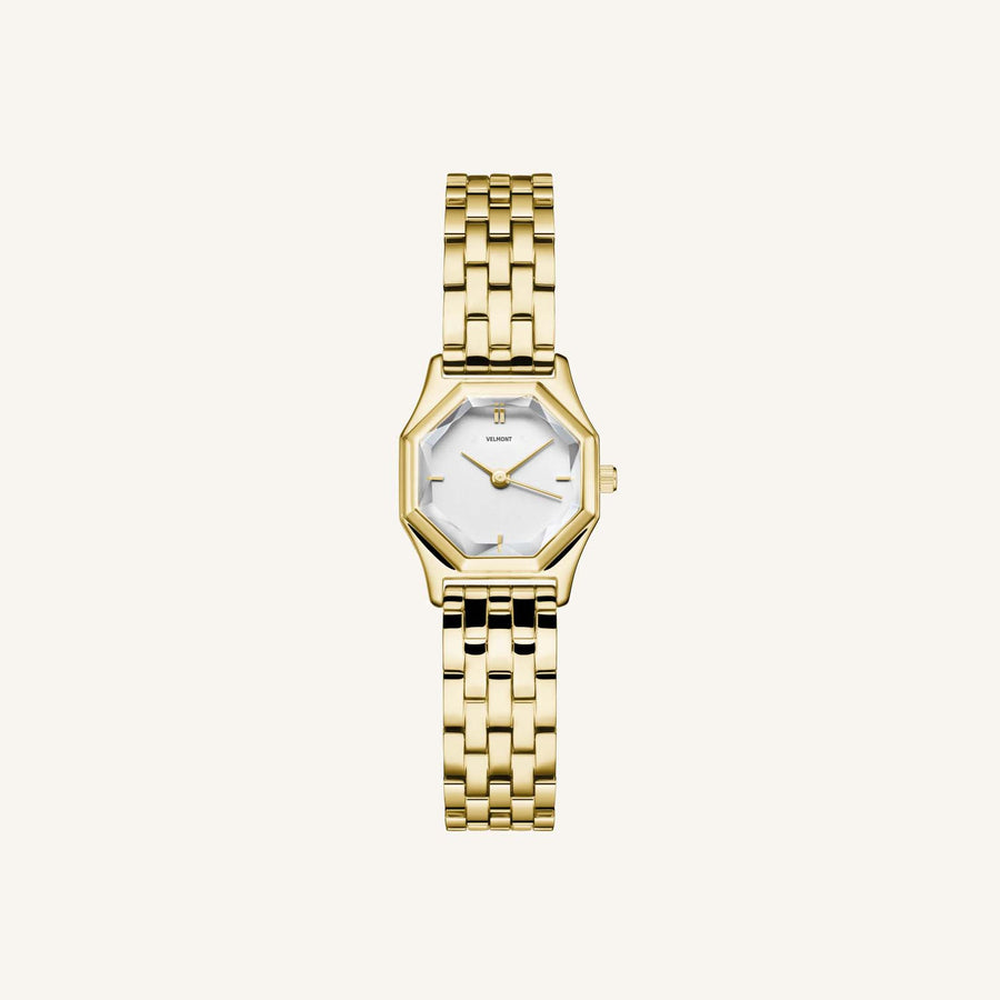 Gold-tone octagon watch with faceted crystal, front view