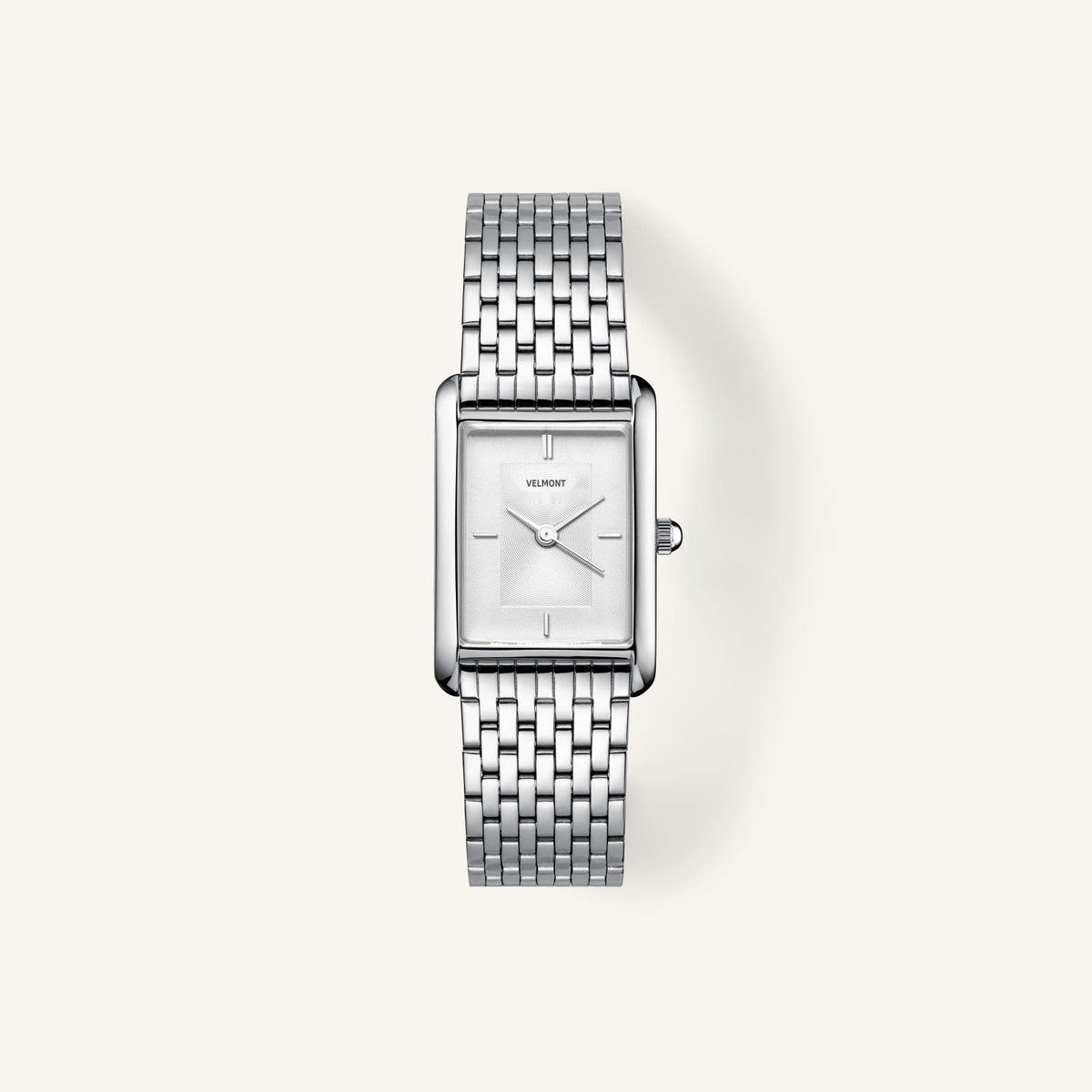 Silver-tone rectangular watch with white sunray dial, front view