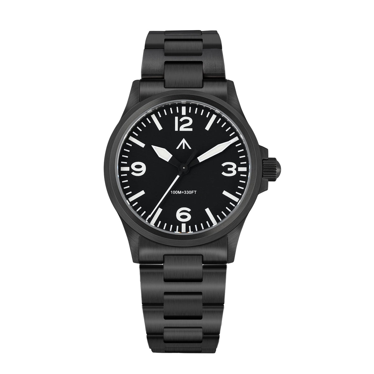 Black-finish pilot-style watch on a black bracelet