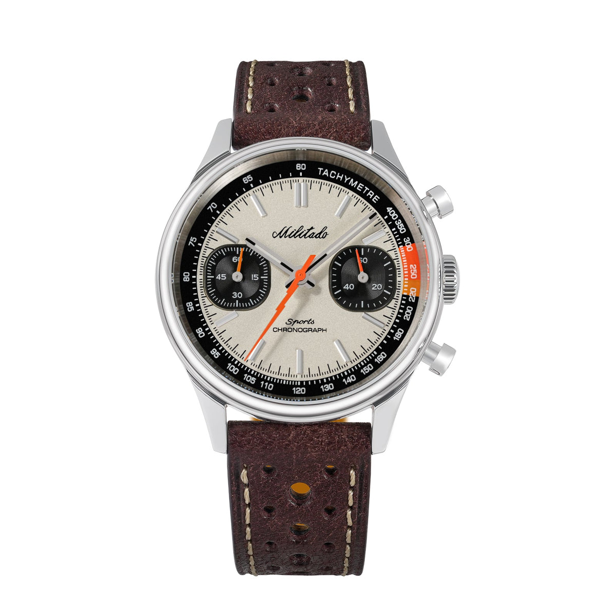 Cream-dial chronograph with black sub-dials and black tachymeter ring