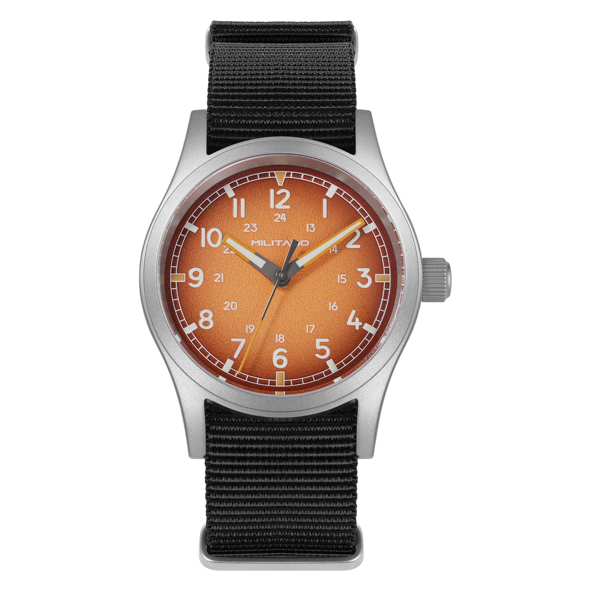 Orange dial field watch on a black nylon strap