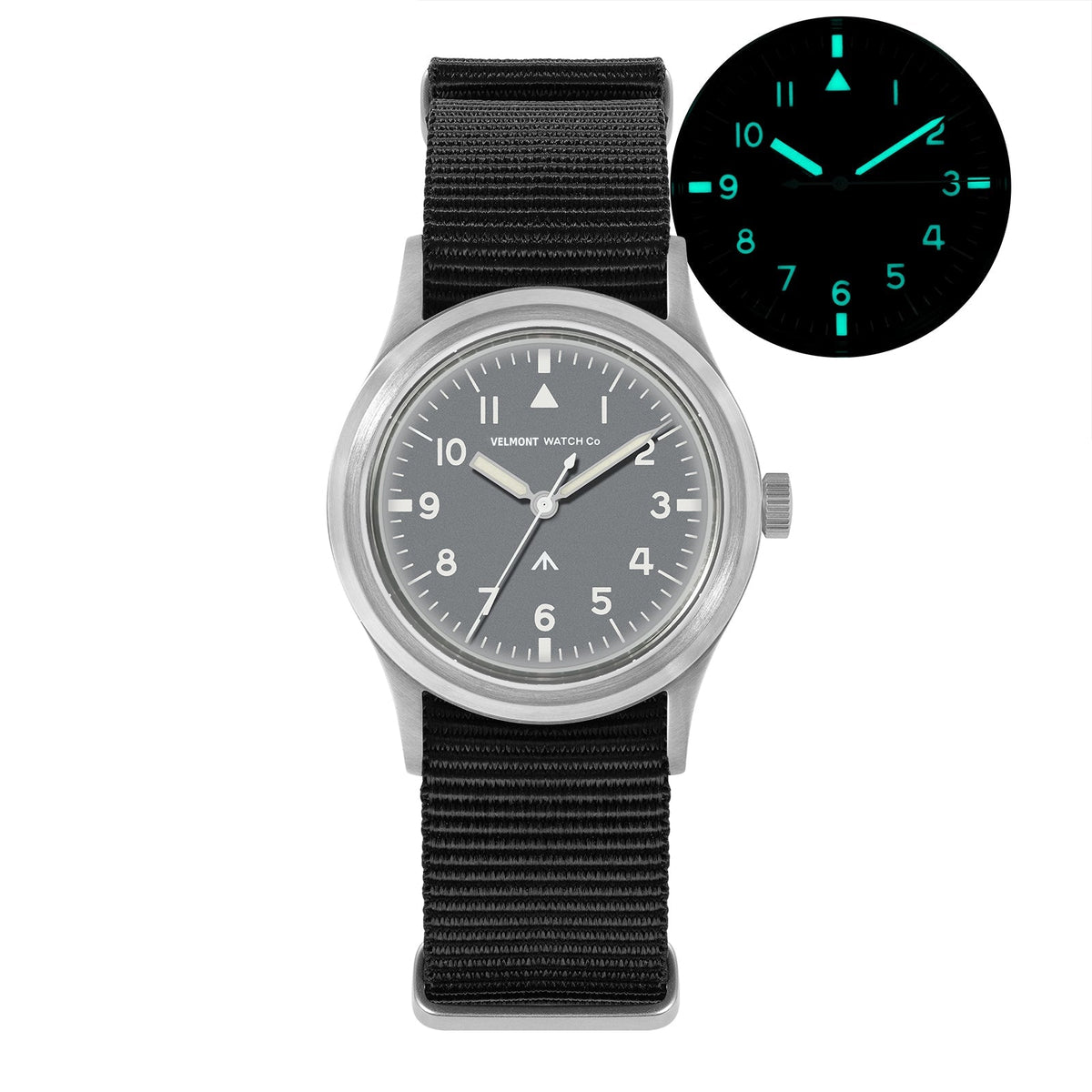 Gray-dial field watch with glow inset