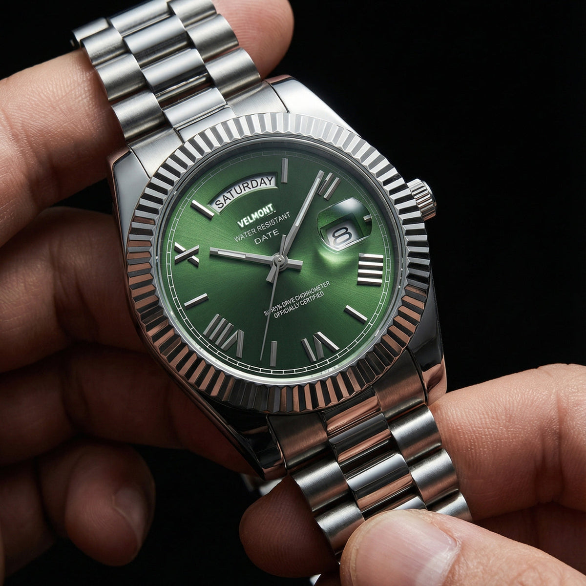 Green dial watch held in hand