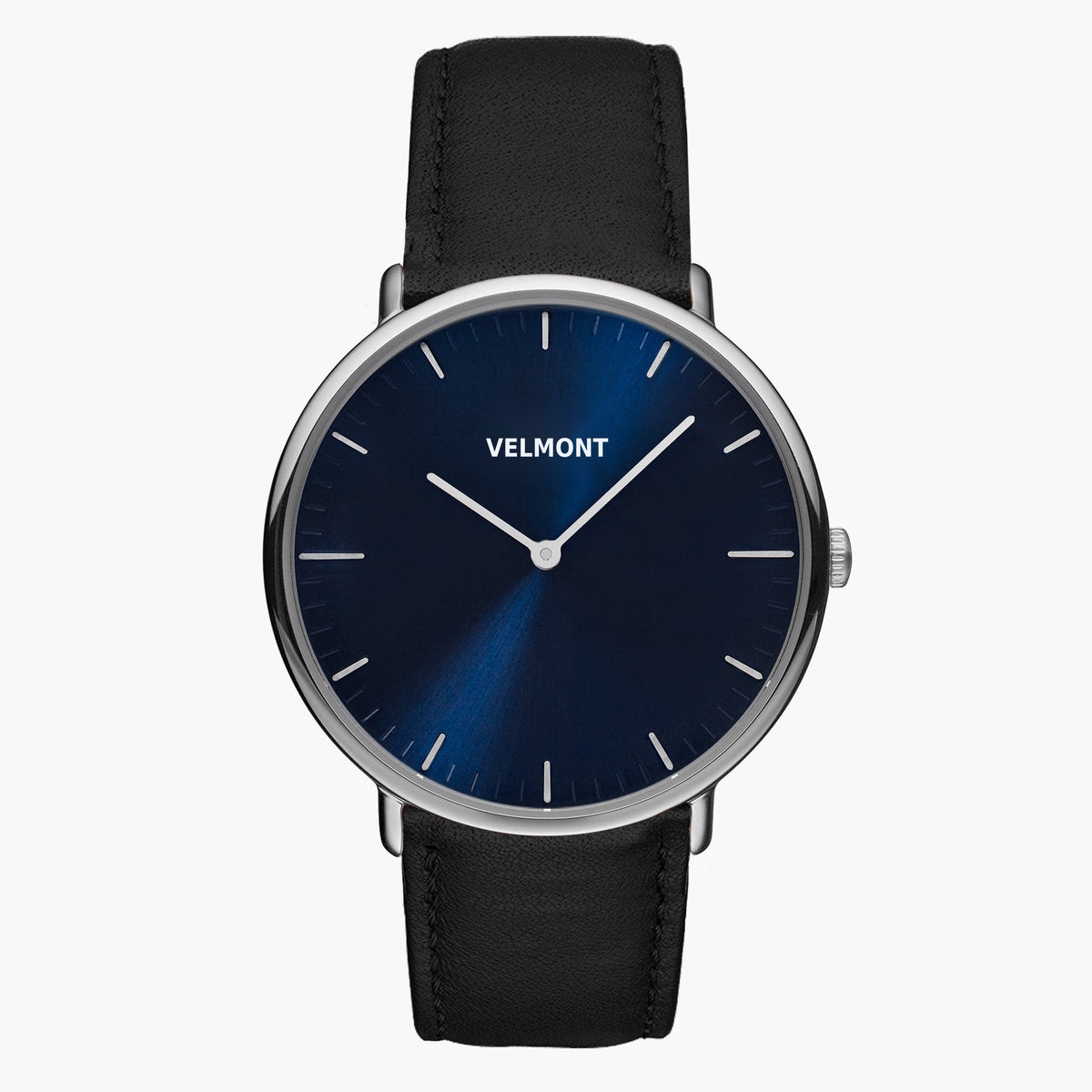 Watch with a blue sunburst dial and silver-tone case on a smooth black strap.