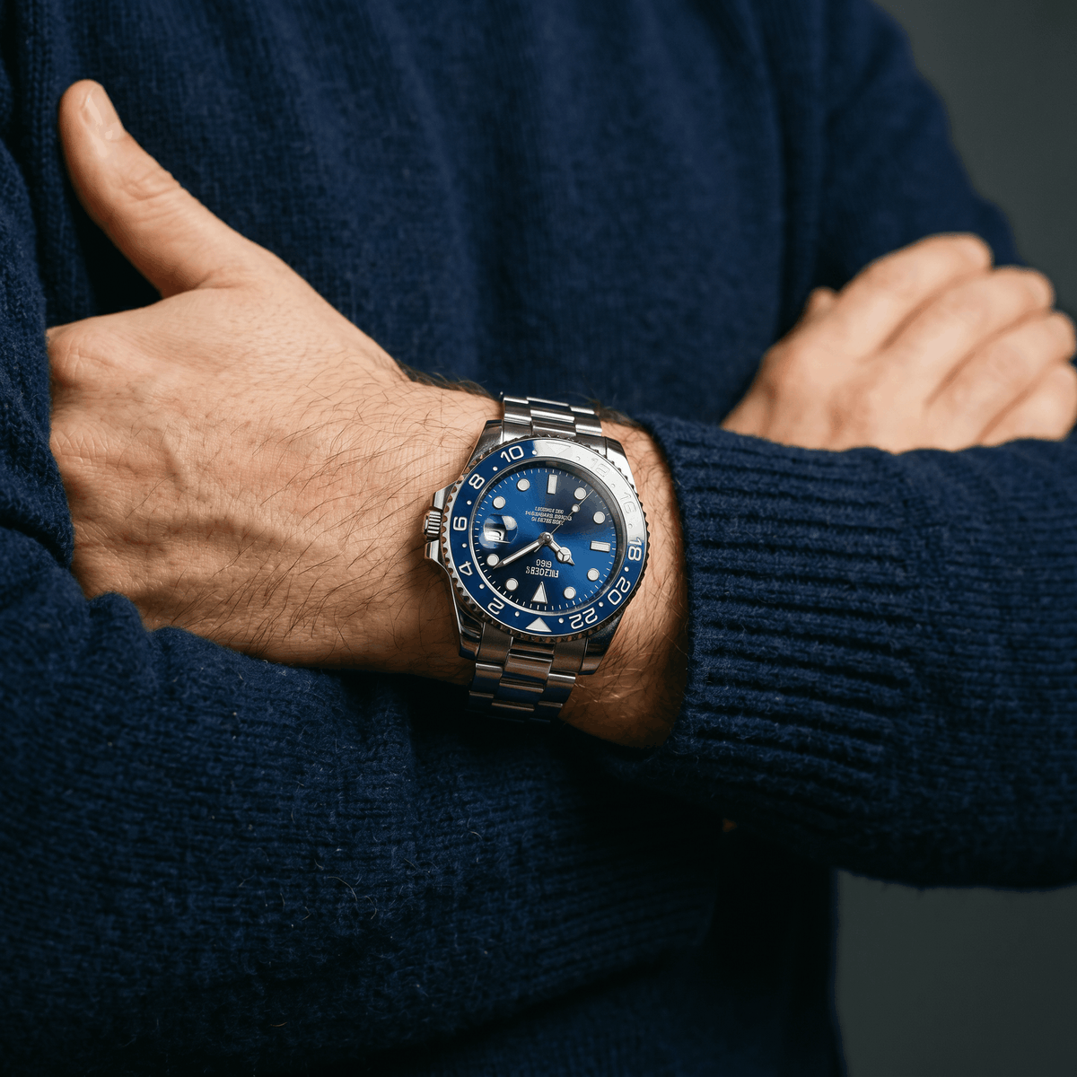 Blue bezel watch on a crossed-arm wrist