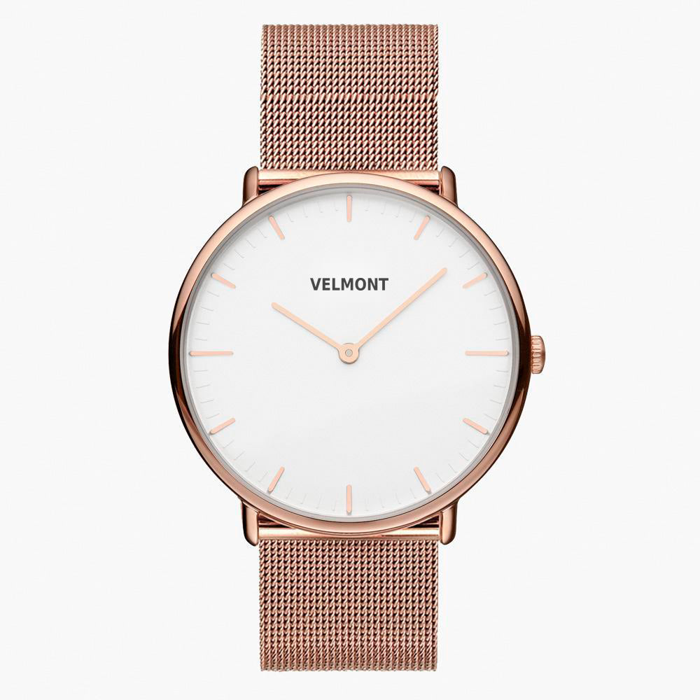 Rose gold-tone watch with a white dial on a rose gold-tone mesh strap.