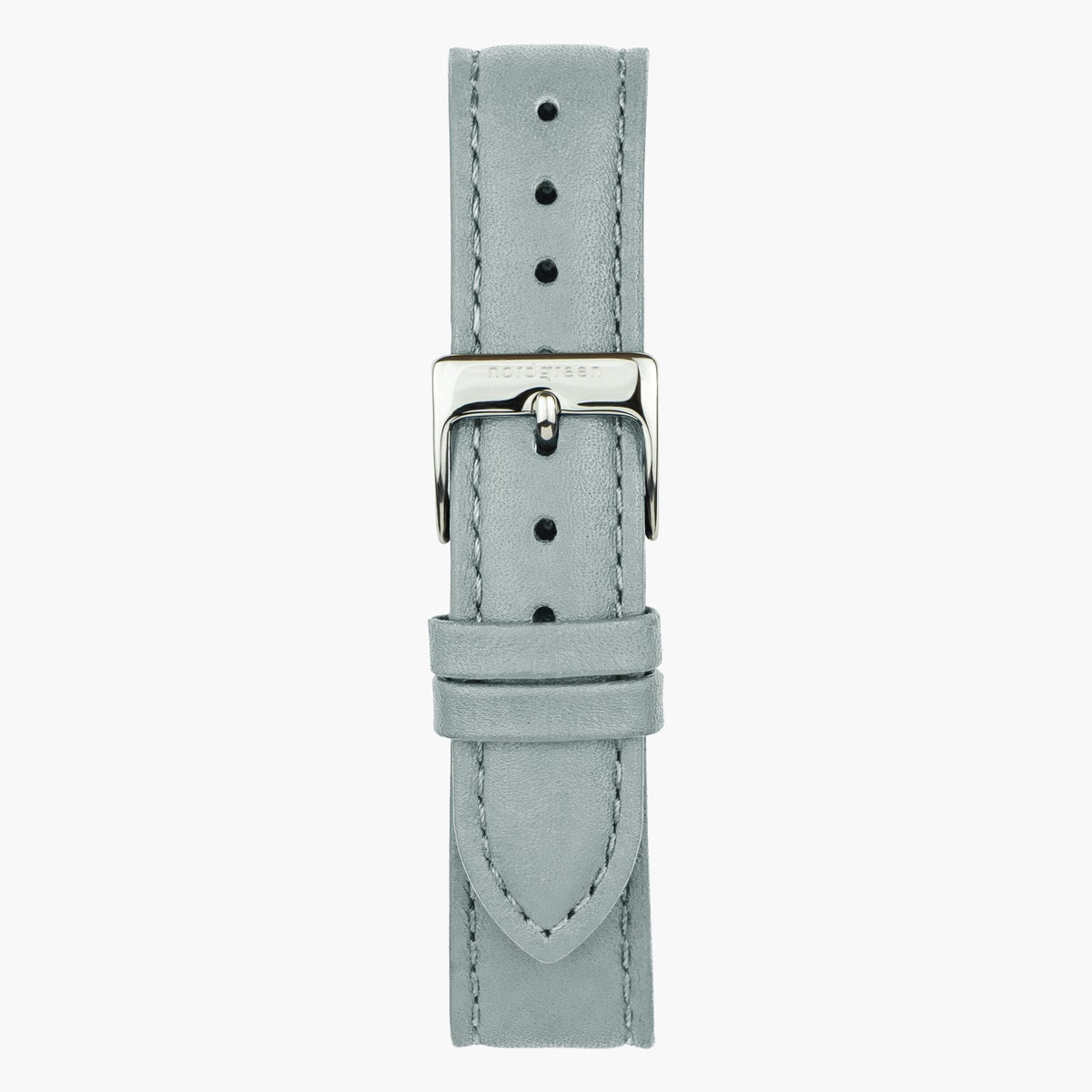 Close look at the dove gray strap and its silver-tone pin buckle.