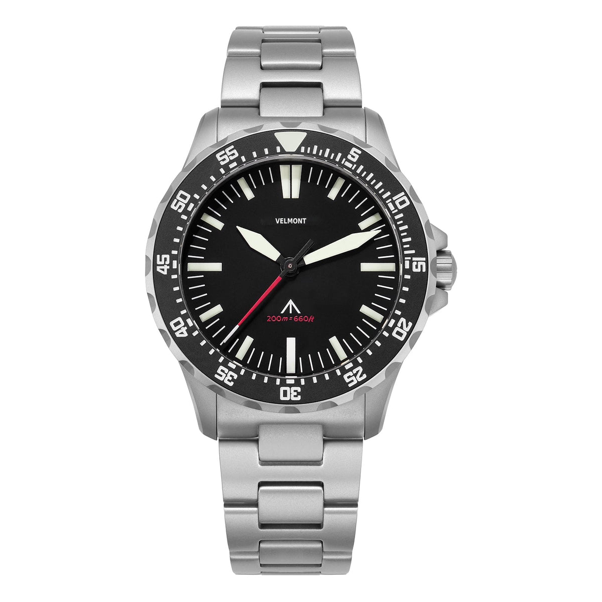 Black-bezel watch on steel bracelet, front view