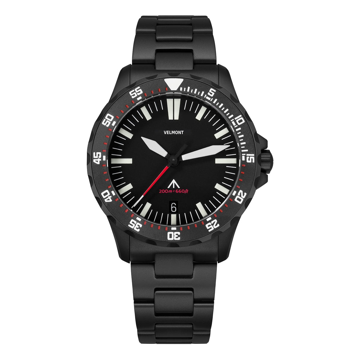 Black-finish numbered-bezel watch on a black bracelet