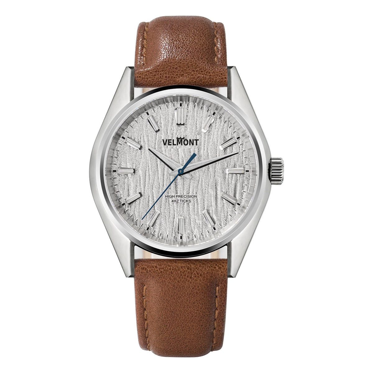 Silver bark-textured dial dress watch on a brown strap