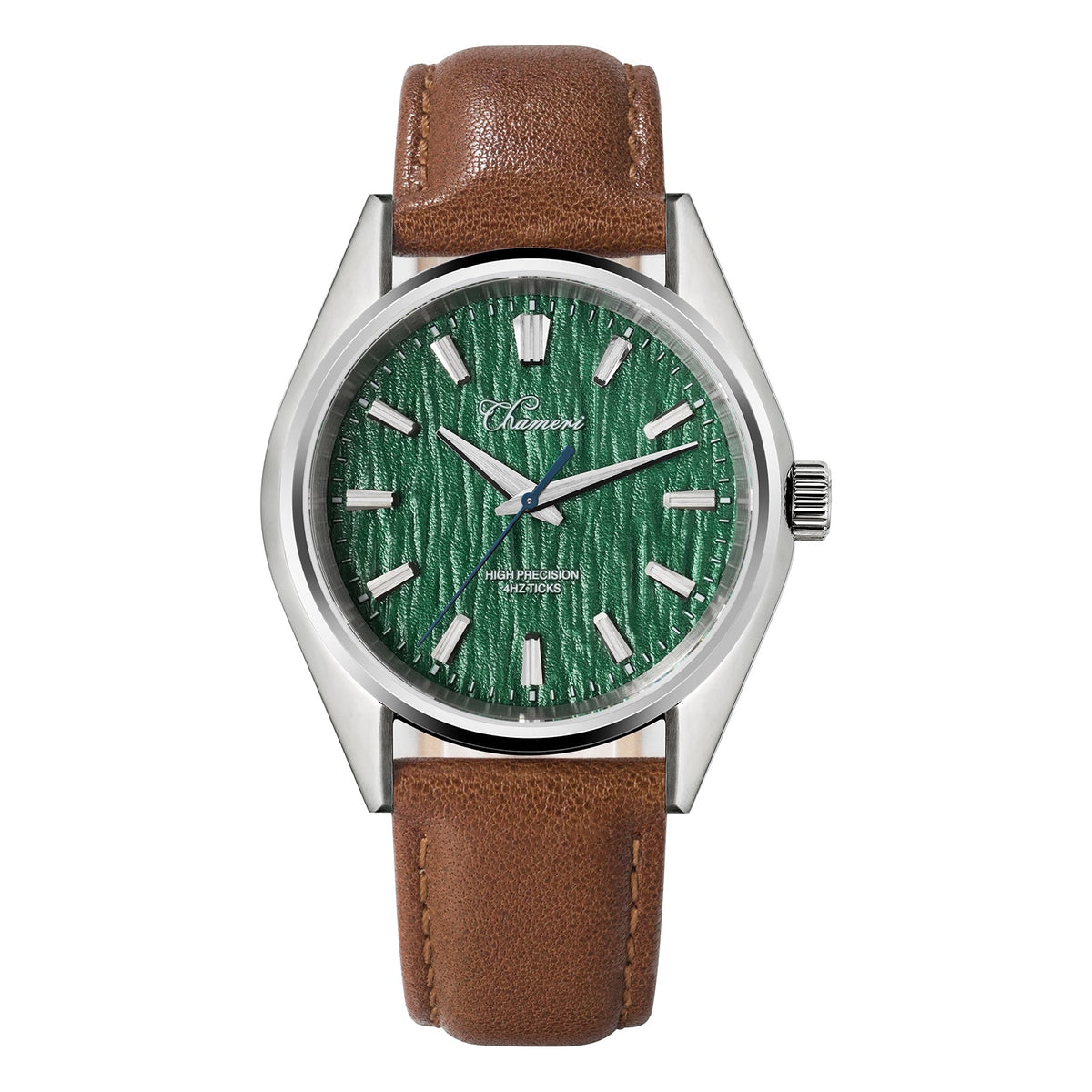 Green bark-textured dial dress watch on a brown strap