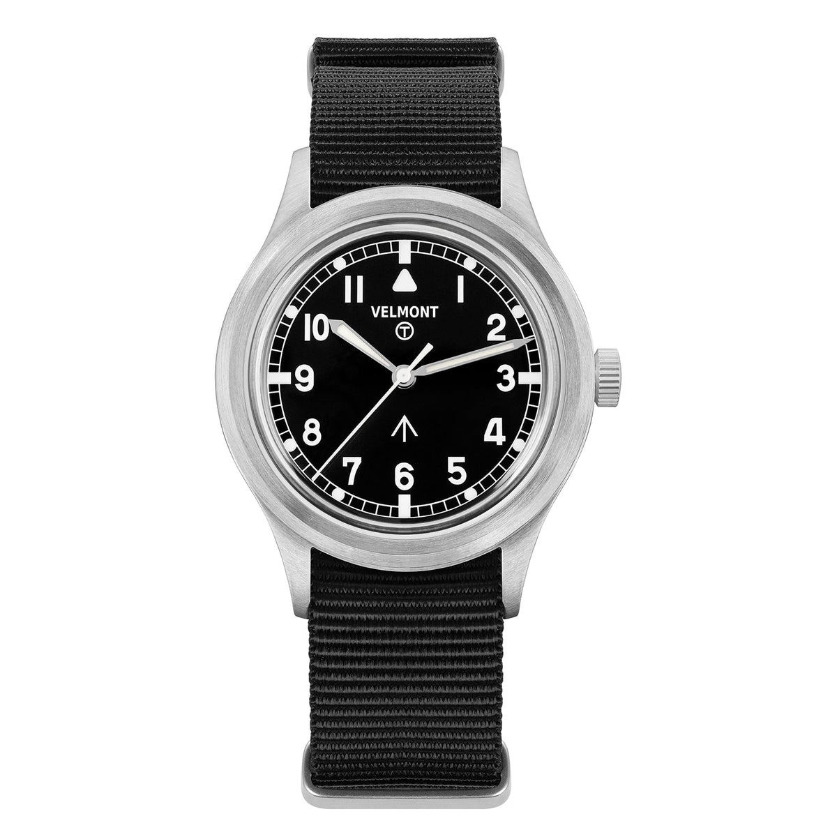 Black-dial field watch on a black nylon strap, front view