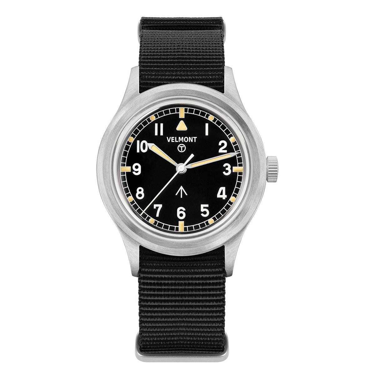 Black-dial field watch with cream hands, front view