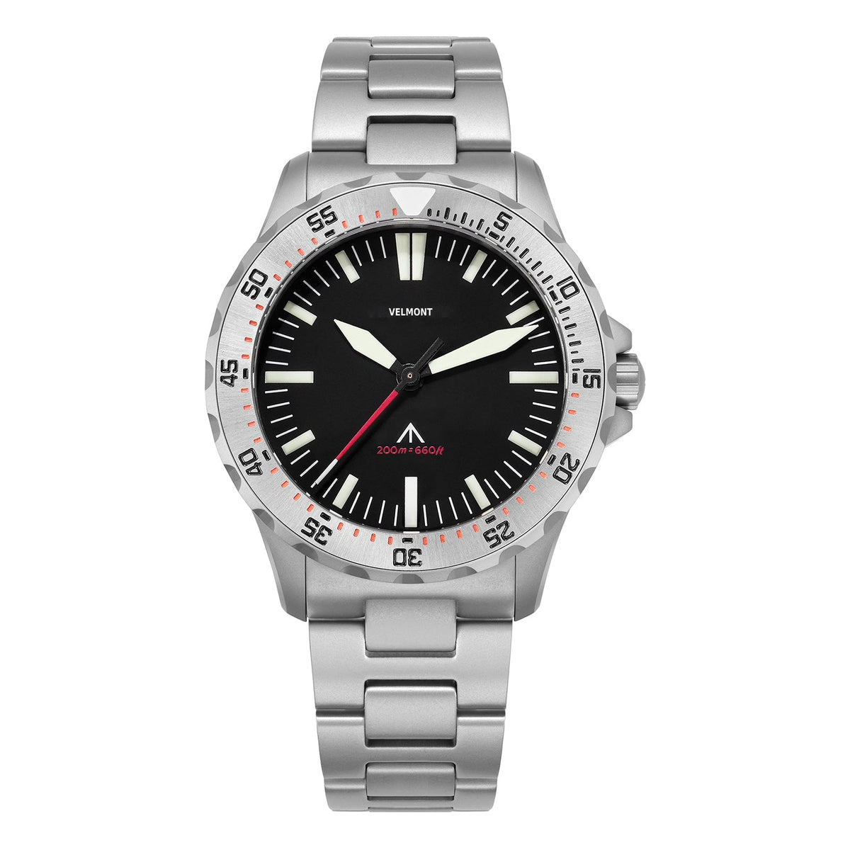 Steel-bezel watch with black dial on a sandblasted bracelet