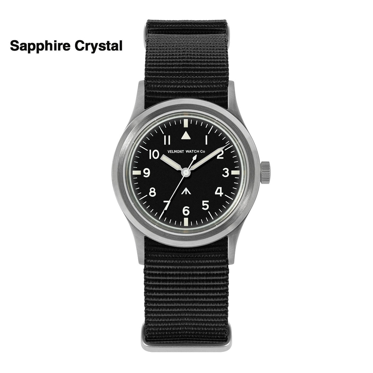 Black-dial military watch labeled Sapphire Crystal