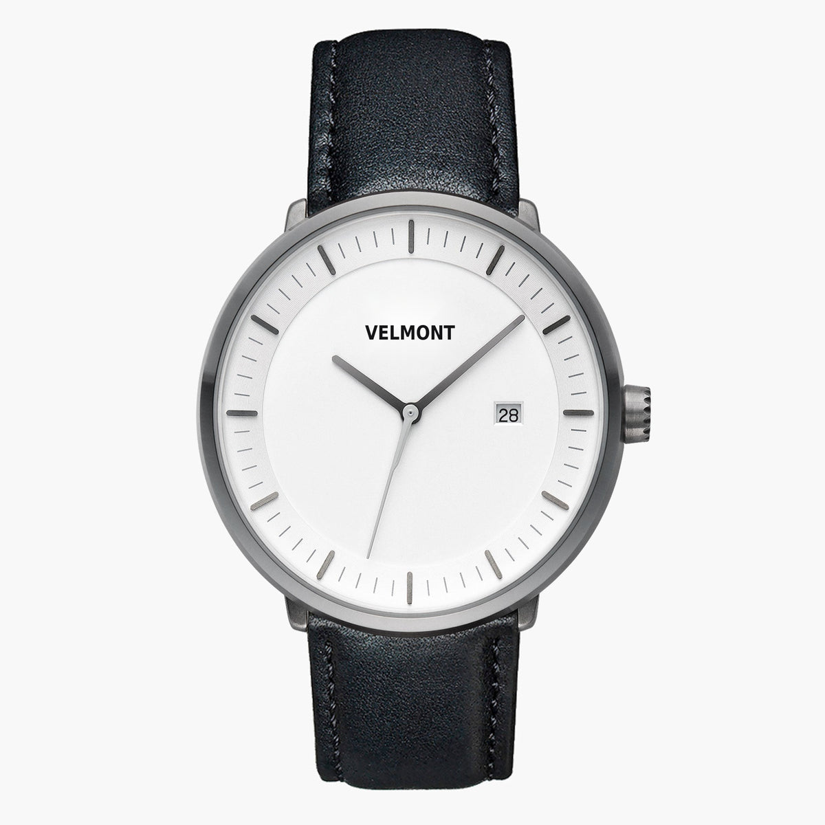 Straight-on look at the white dial and gunmetal case with its black strap.