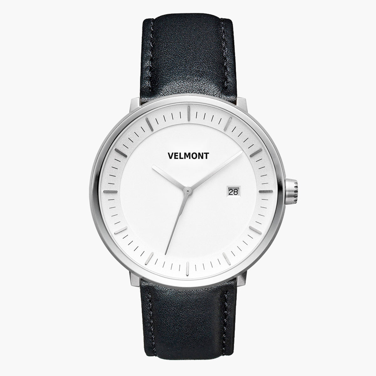 Straight-on look at the white dial and silver-tone case with its black strap.