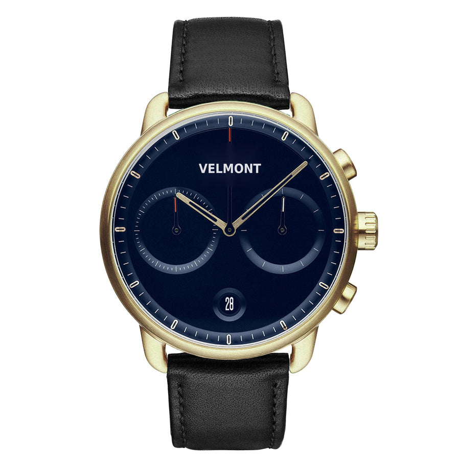 Gold-tone chronograph with a navy dial, two subdials and a black strap.