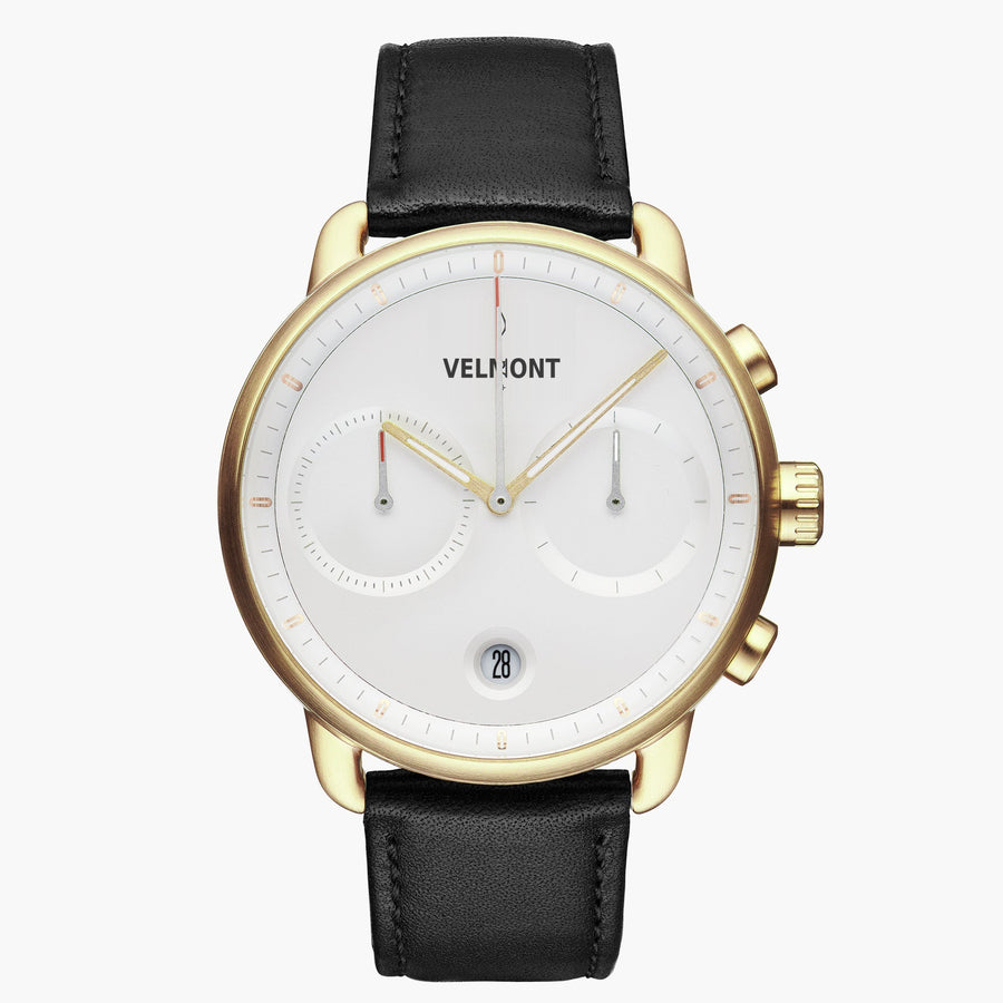 Chronograph-style watch with a white dial and gold-tone case on a black strap.