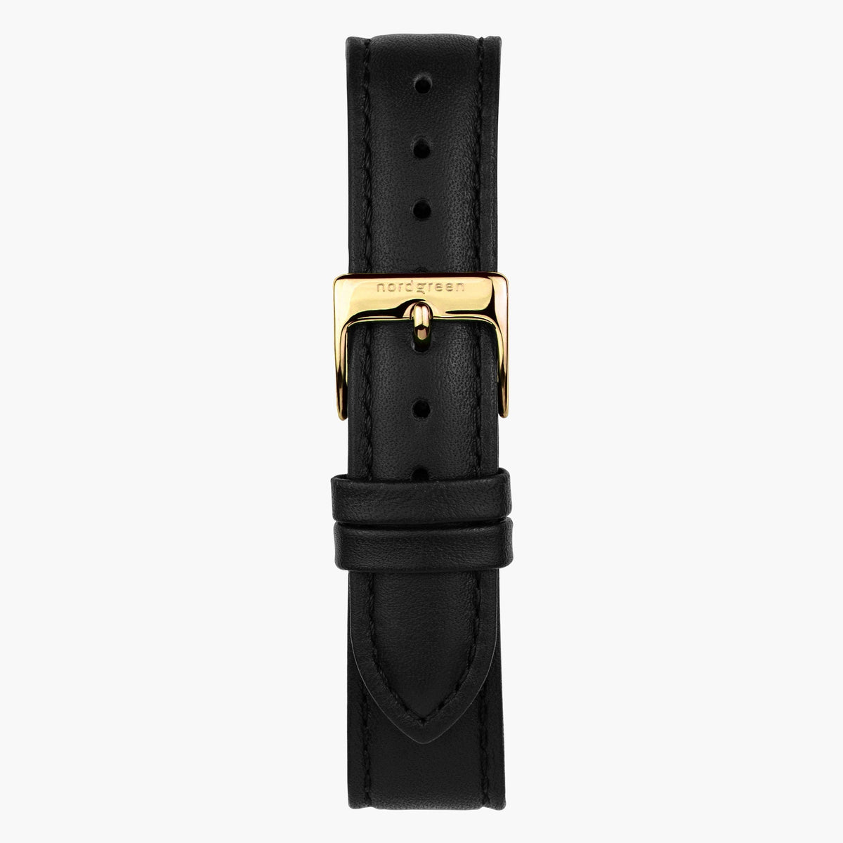 Black strap with a gold-tone pin buckle, shown upright.