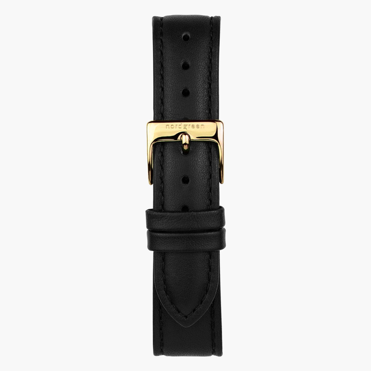 Close look at the black strap and its gold-tone pin buckle.