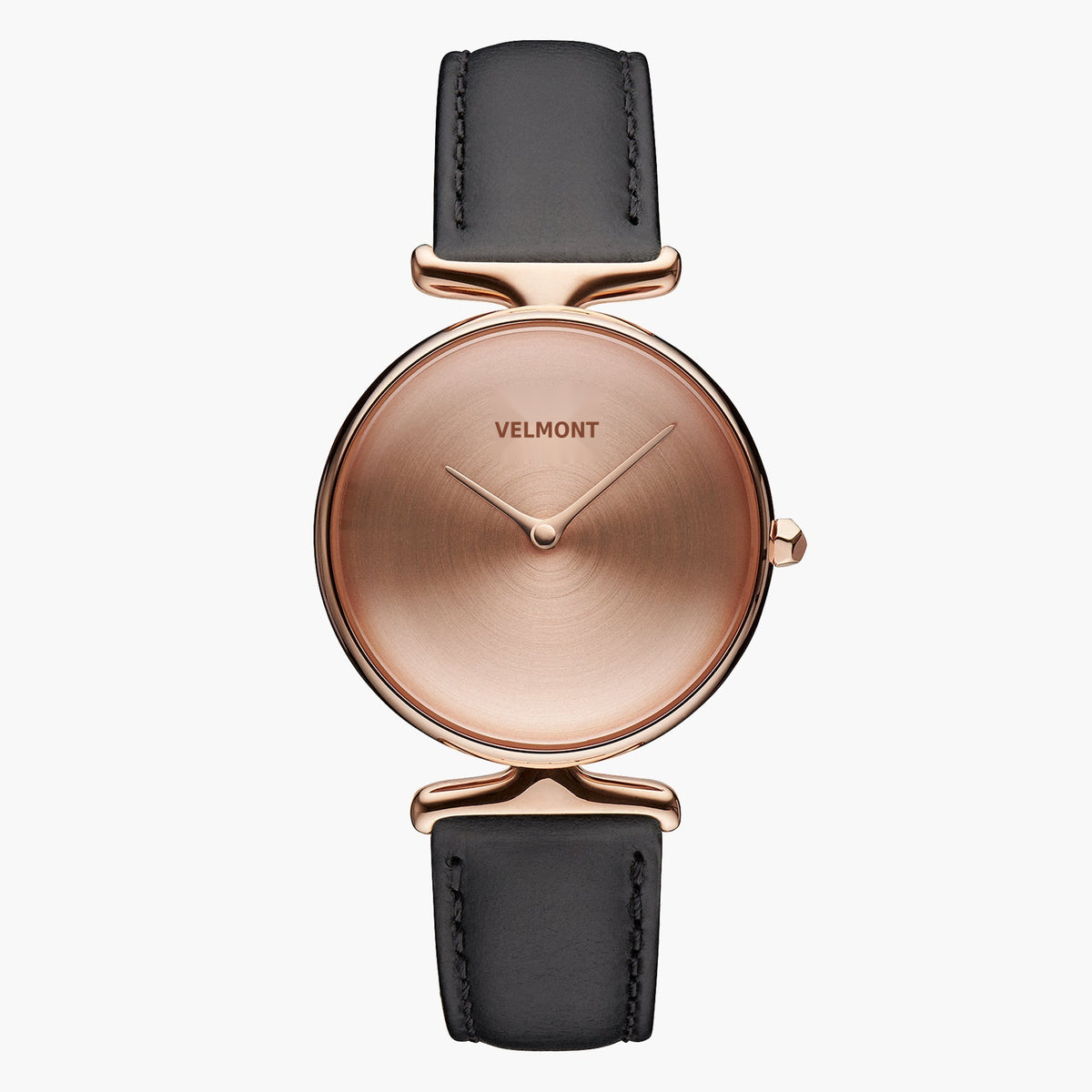 Watch with a rose gold-tone dial and case on a smooth black strap.