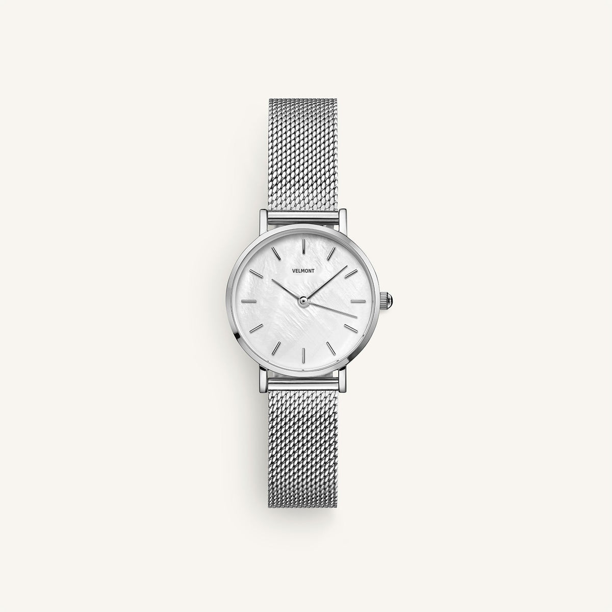 Silver-tone mesh strap watch with iridescent dial, front view