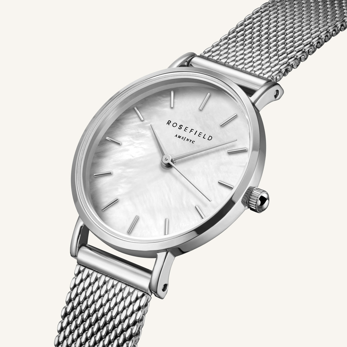 Close-up of the iridescent dial and silver case