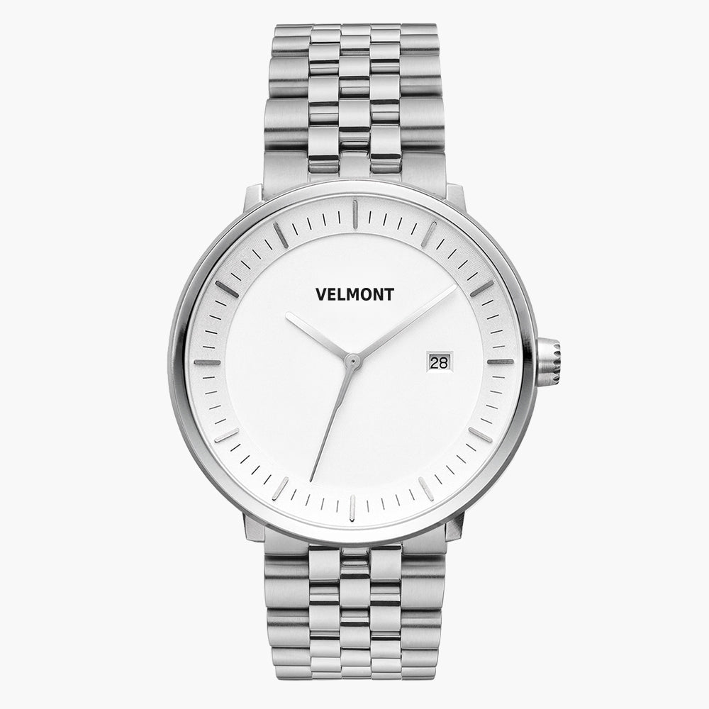 Front view of a silver-tone watch with a white dial on a silver-tone link bracelet.