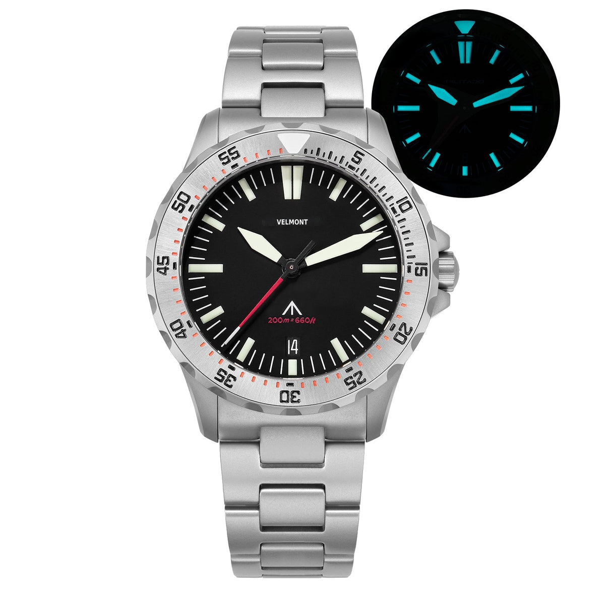 Steel-bezel watch with date at 6 and glow inset