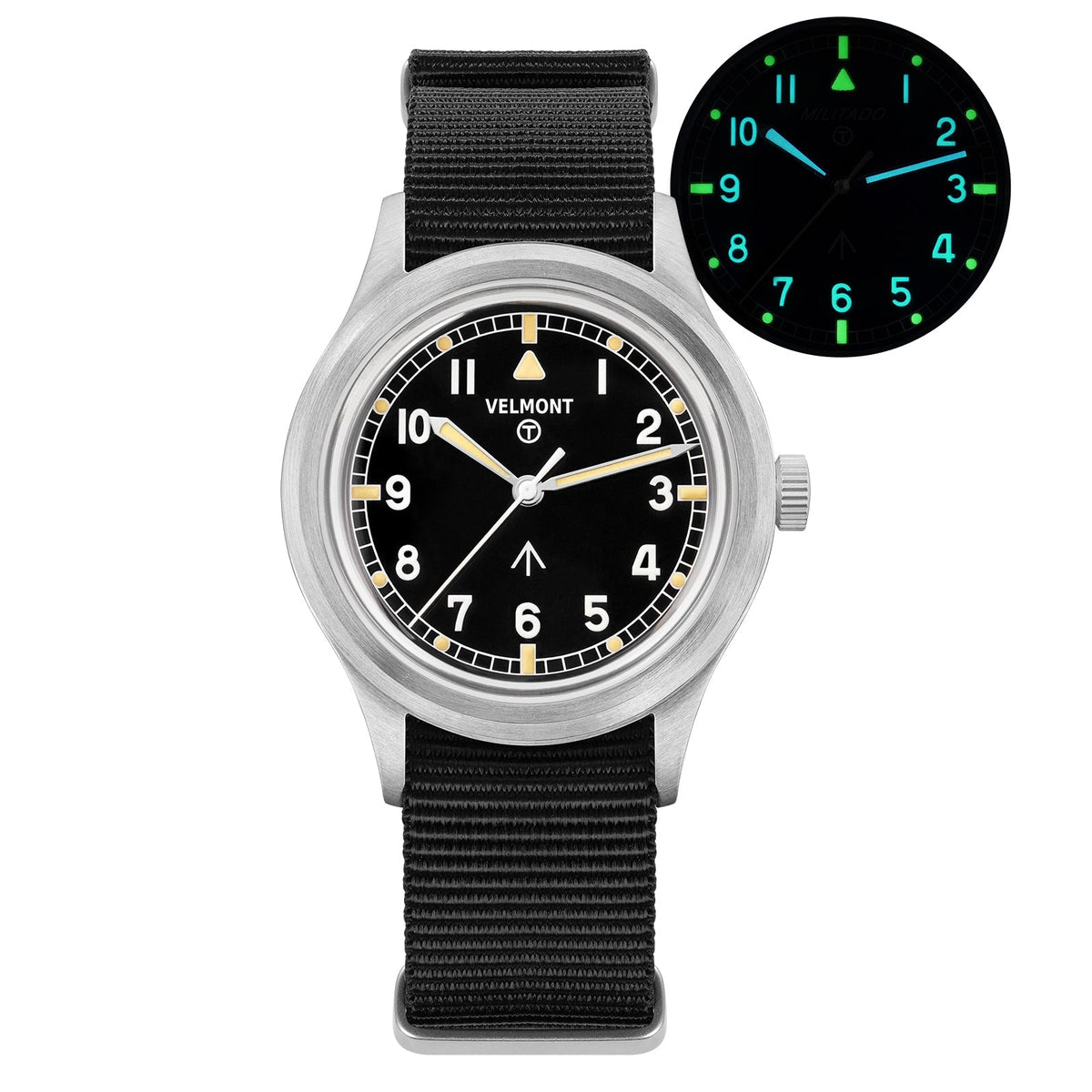 Black-dial field watch with cream hands and glow inset