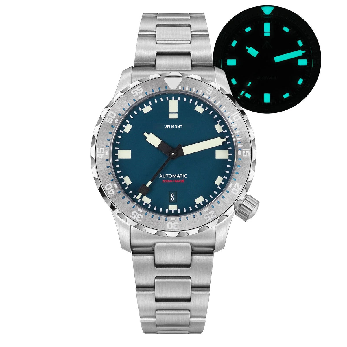 Blue-dial sports watch with glow inset