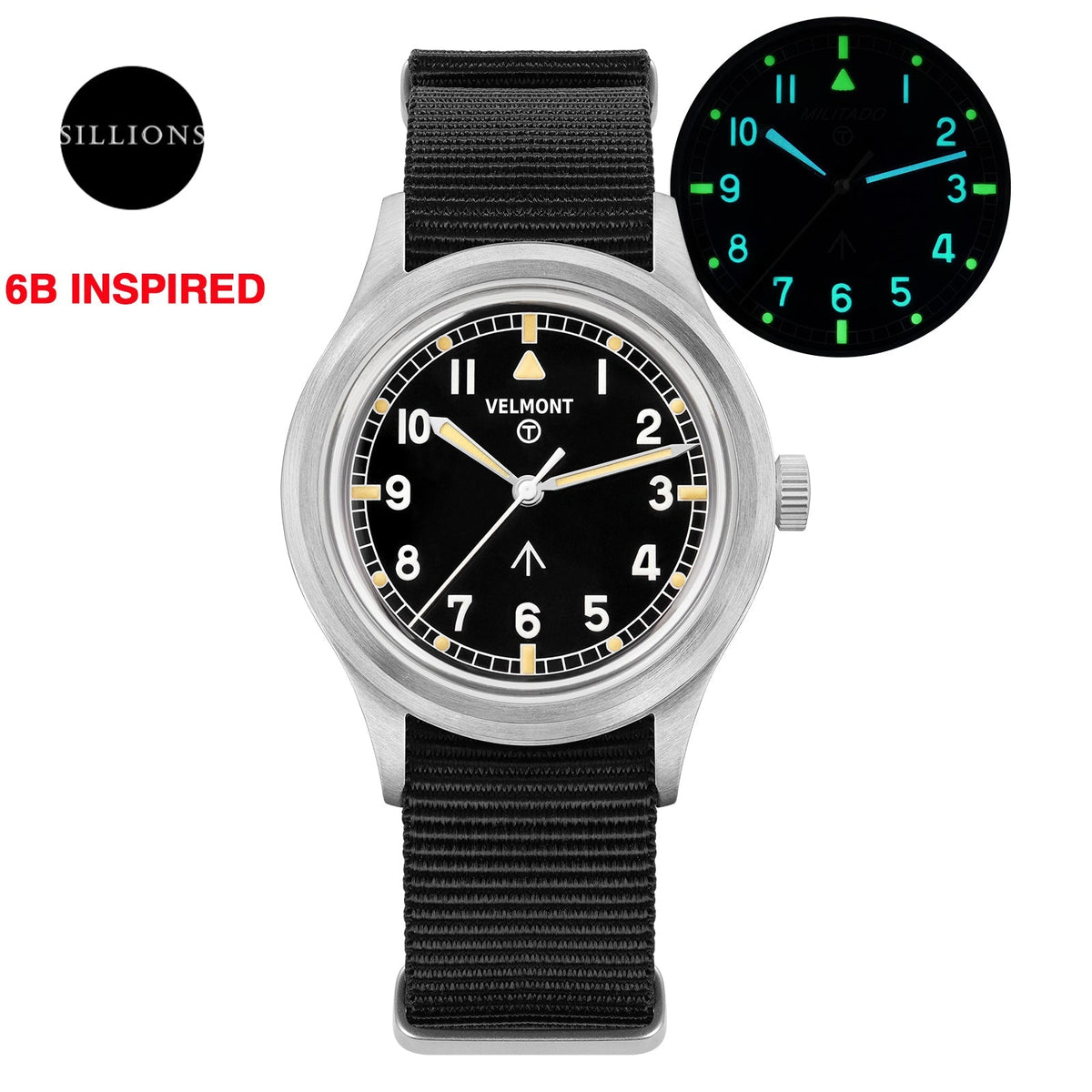Black-dial military field watch with glow-in-the-dark inset and printed marks