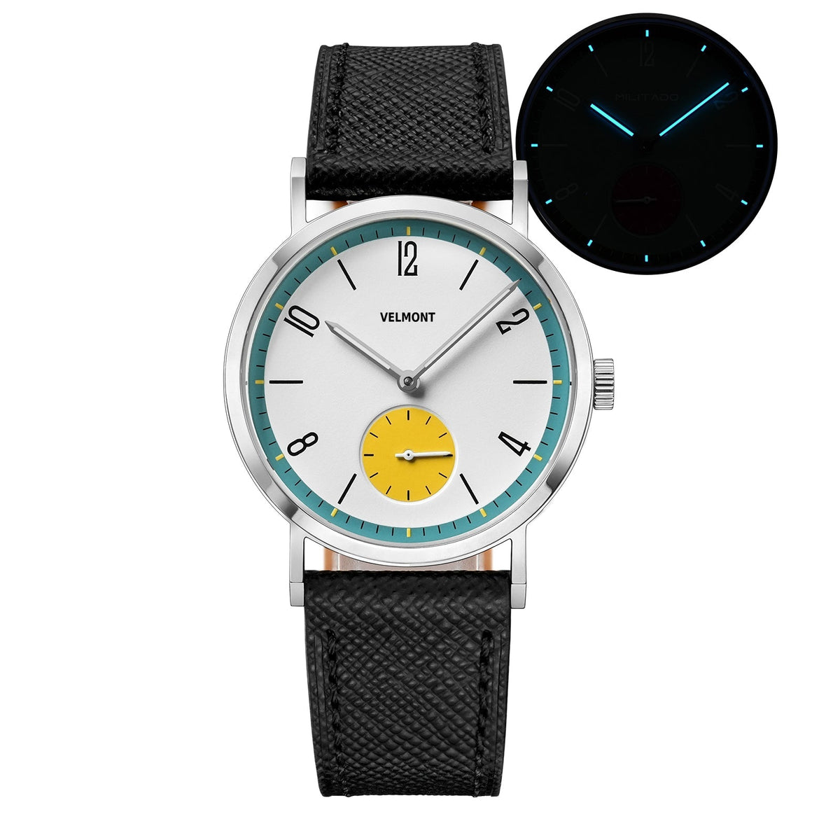 White-dial watch with yellow small-seconds sub-dial and glow inset