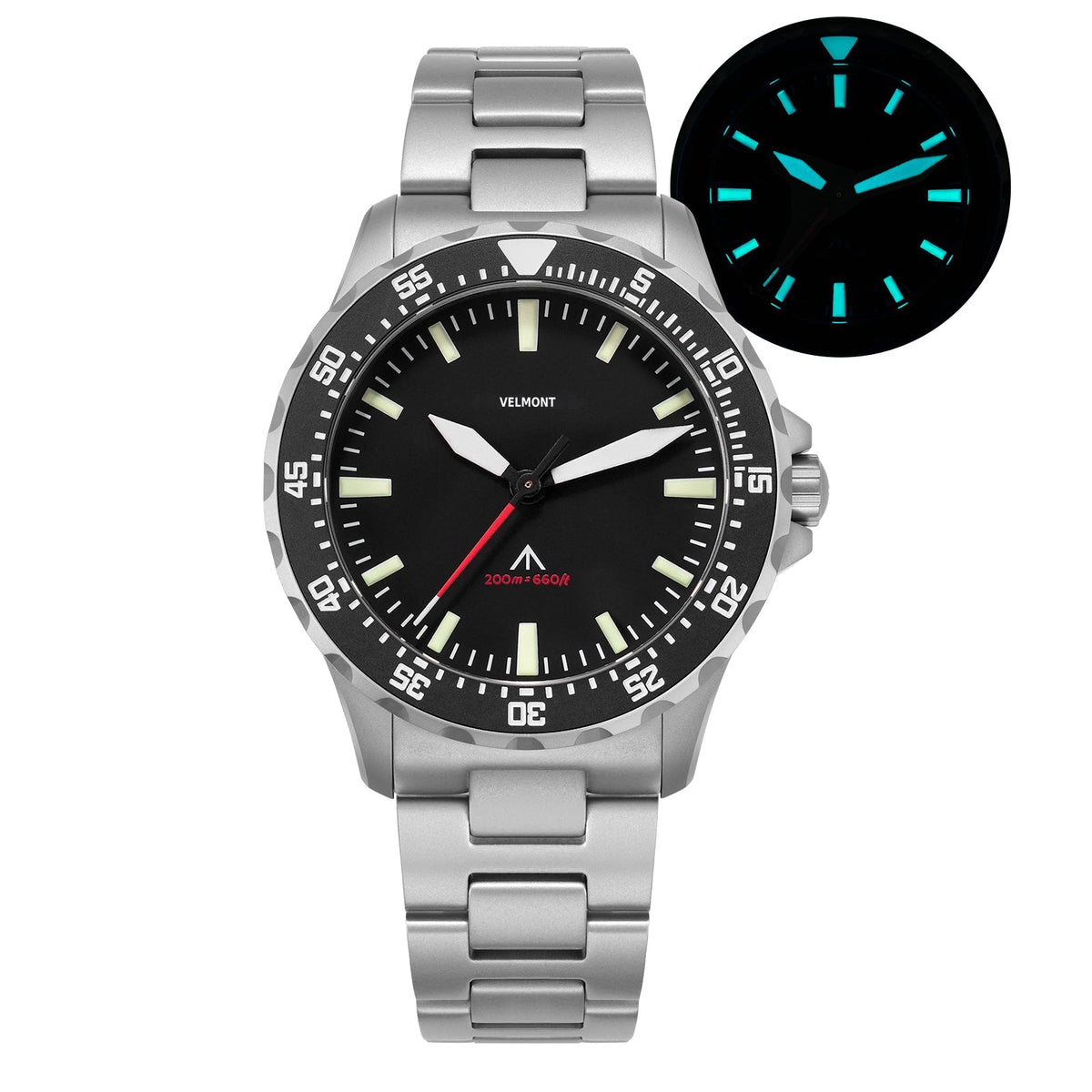 Black ceramic-insert bezel watch with glow-in-the-dark inset