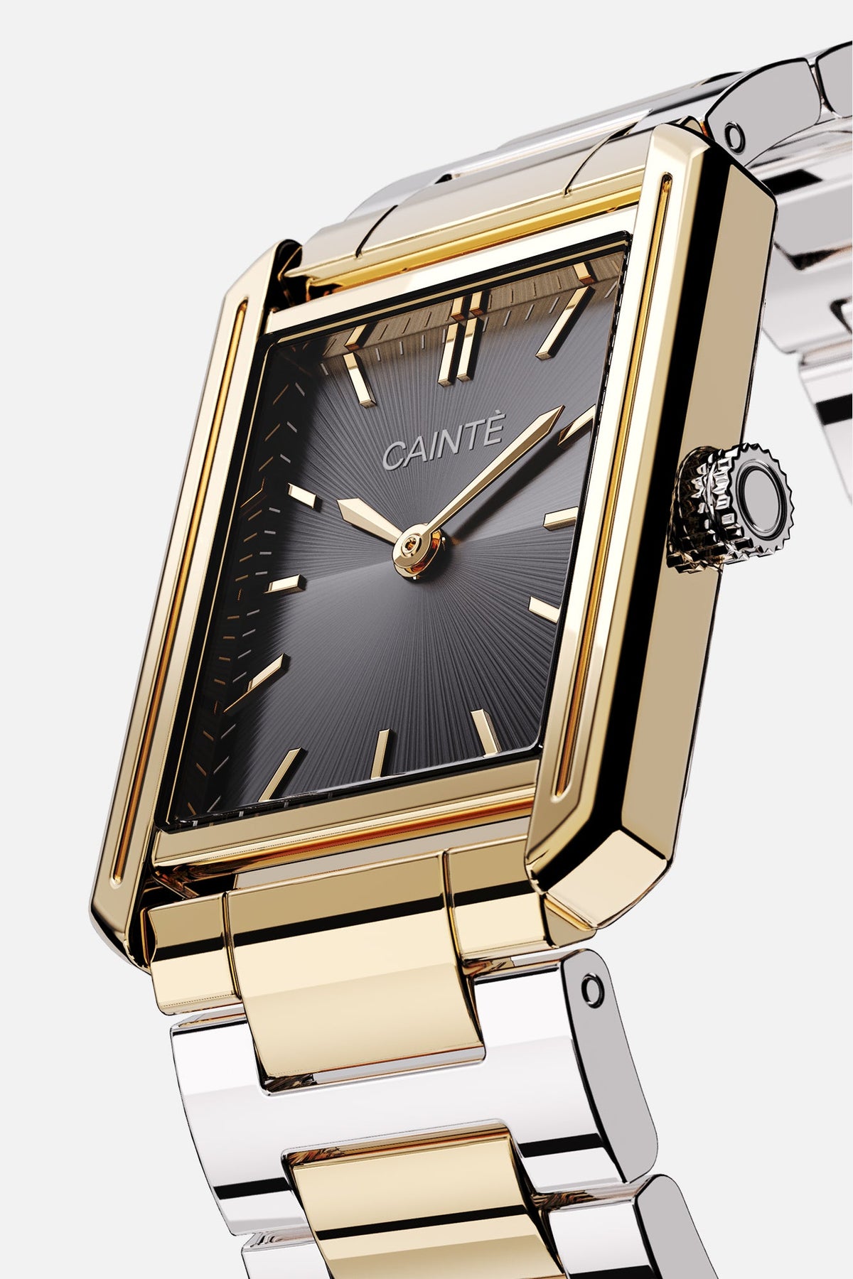 Angled view of the rectangular case and black sunburst dial