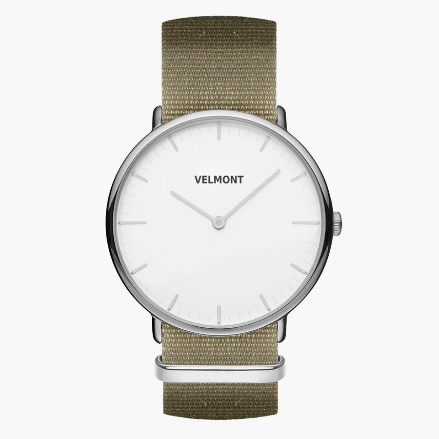 Watch with a white dial and silver-tone case on an olive green woven strap, shown from the front.