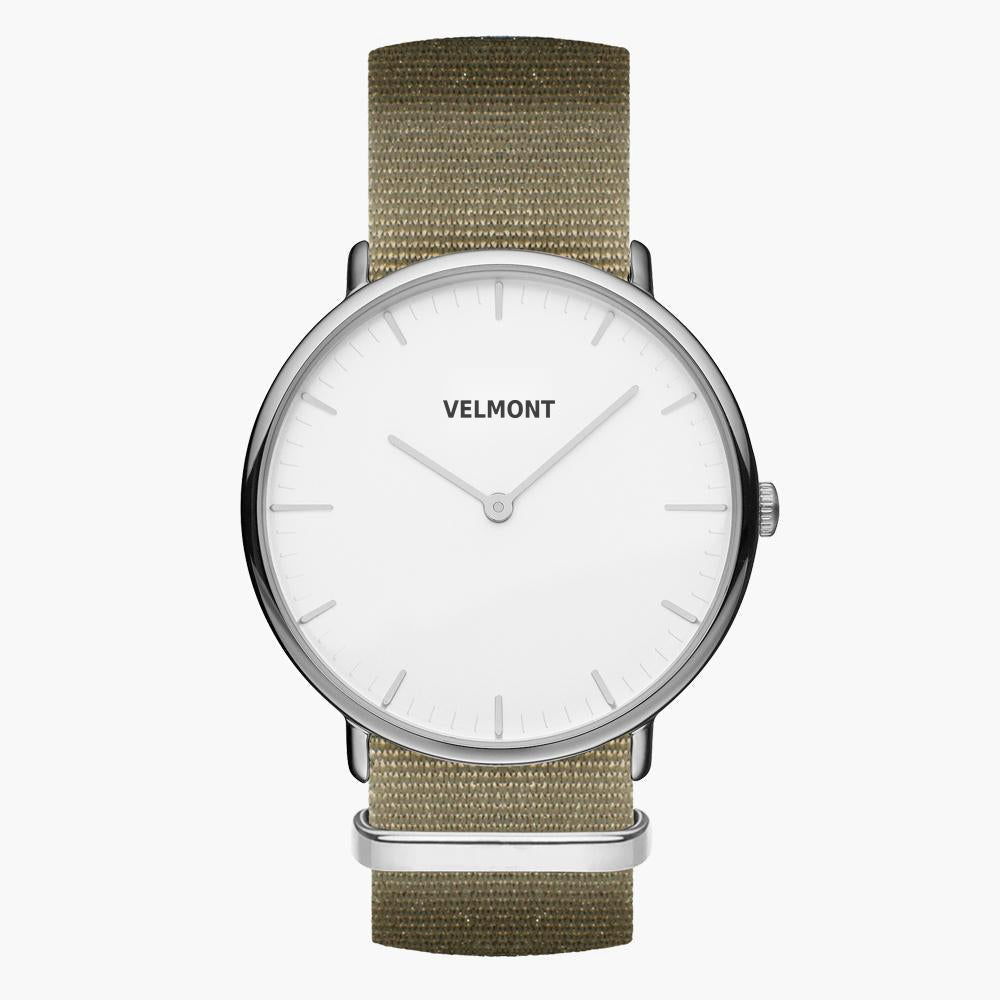 Watch with a white dial and silver-tone case on an olive green woven strap, shown from the front.