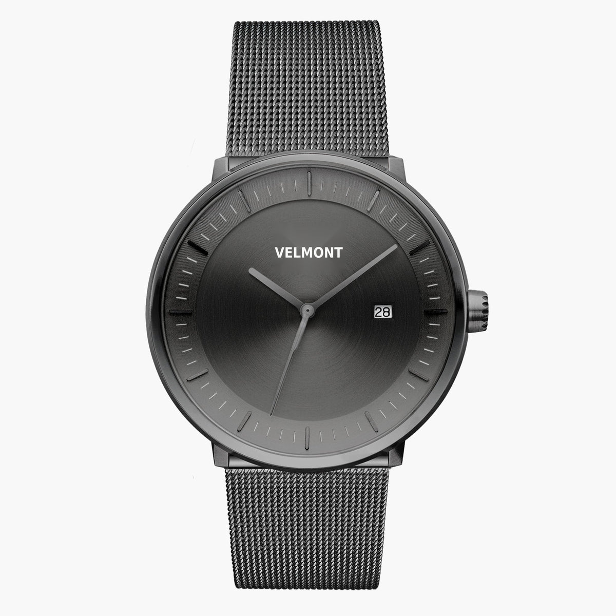 Front view of a gunmetal watch with a gunmetal gray sunburst dial on a gunmetal mesh strap.