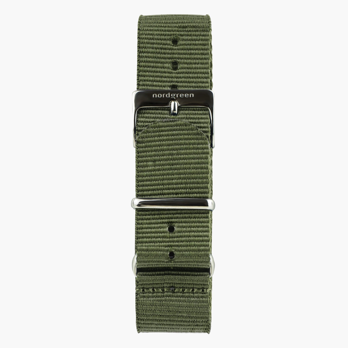 Army green woven strap with a polished metal buckle, laid out flat.