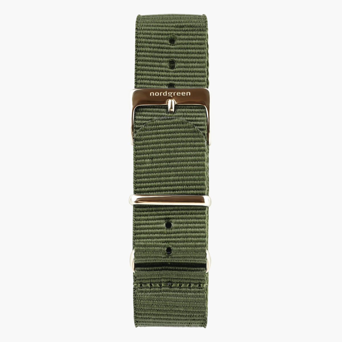 Olive green woven strap with a rose gold-tone buckle and keepers.