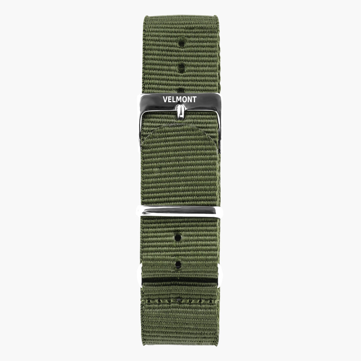 Olive woven strap with a silver-tone buckle and metal keeper.