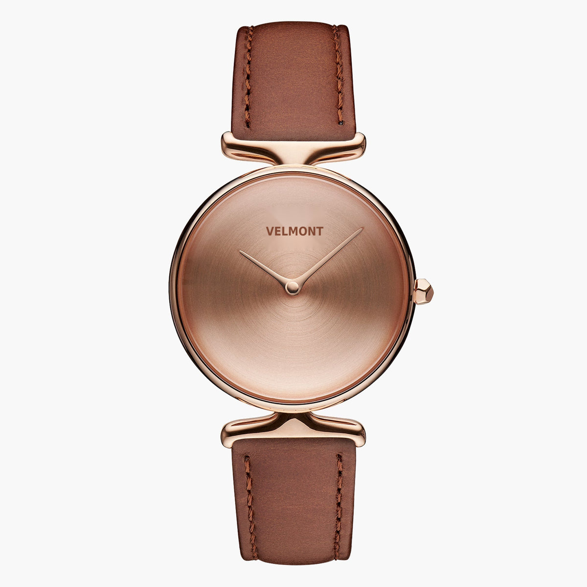 Watch with a rose gold-tone dial and case on a caramel brown strap, front view.