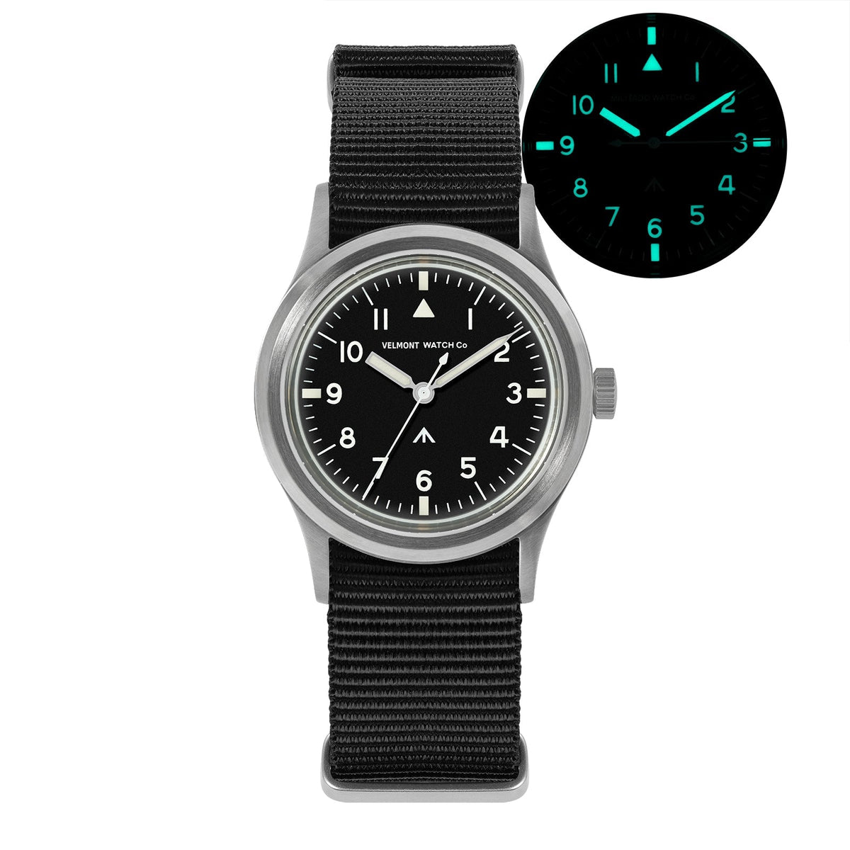 Black-dial field watch with glow-in-the-dark inset