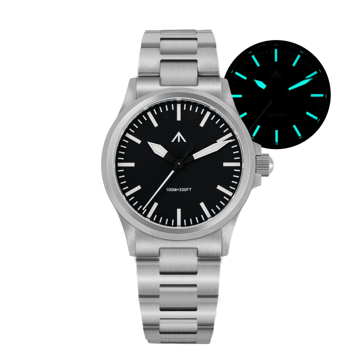 Steel pilot-style watch with glow-in-the-dark inset