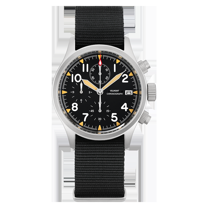 Cream-indices chronograph on a black nylon strap, black background