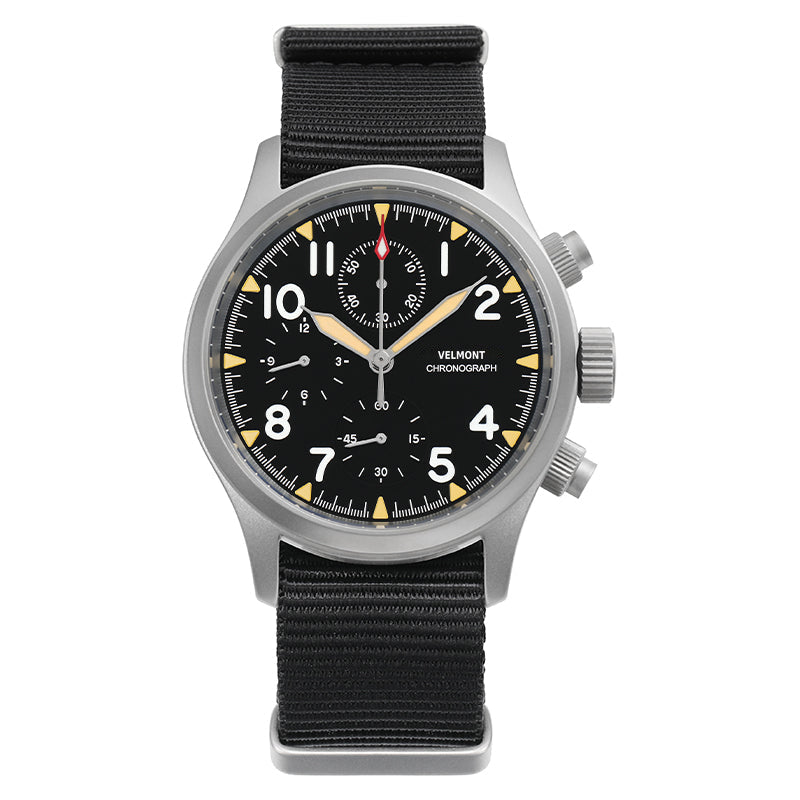 Cream-indices chronograph on a black nylon strap
