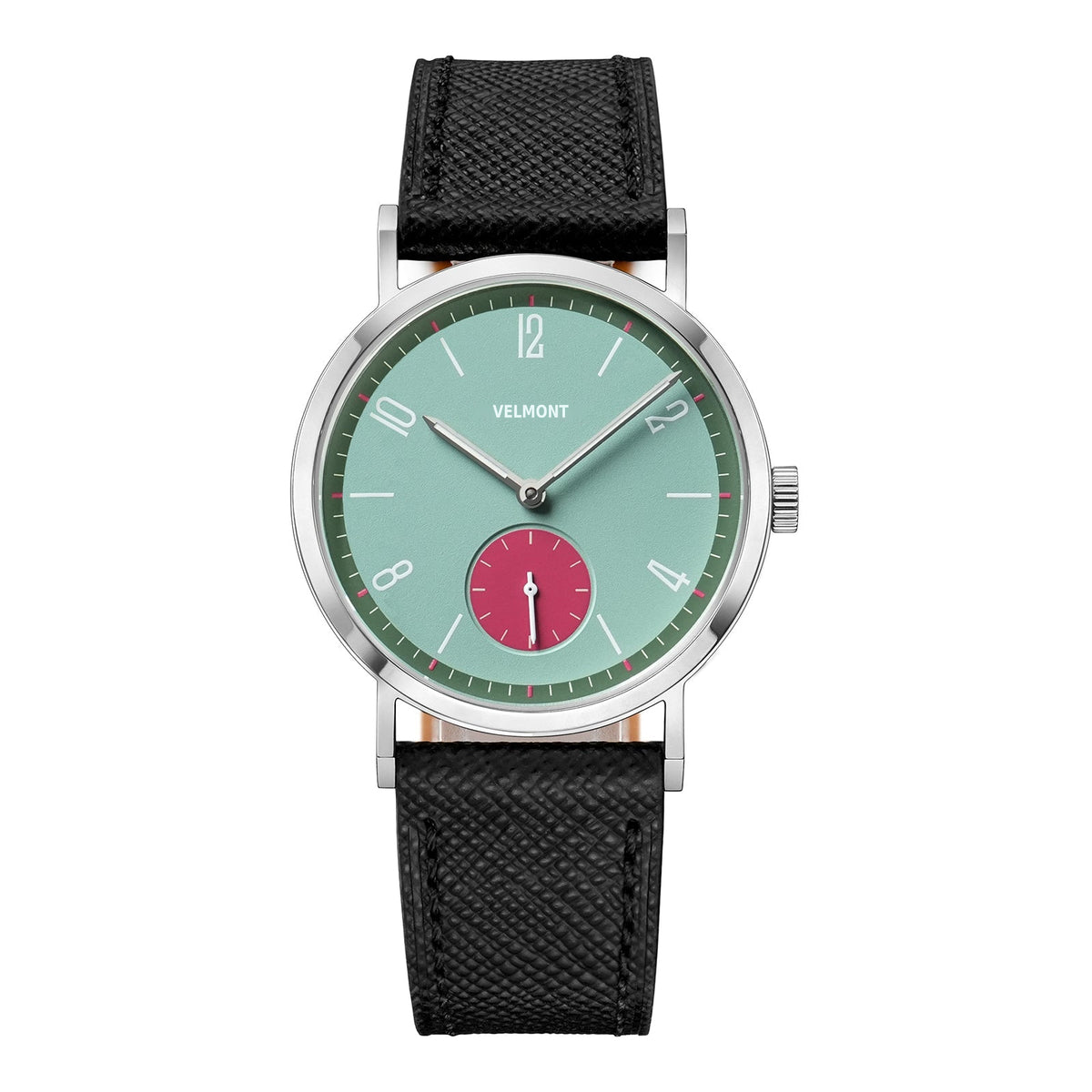Mint green dial watch with red sub-dial, front view